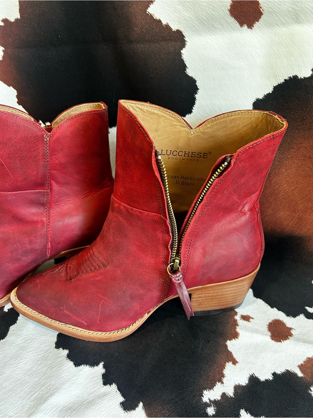 Lucchese Red Leather Cowboy Ankle Booties - Picture 2 of 7